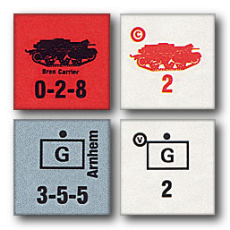 Chit counters representing two units in the game Storm Over Arnhem. The two counters are double sided, and represent being "uncommitted" (left) or "committed" (right). The three numbers on uncommitted units are their attack, defence and movement scores, while committed units have a single "defence" score. The (c) symbol shows that the Bren carrier is a reinforcement unit. Stormoverarnhemcounters.jpg