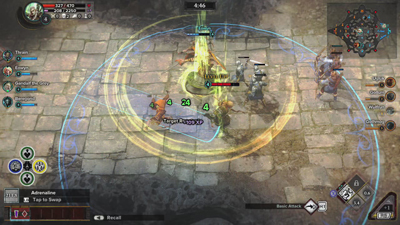 The game uses elements from the MOBA genre; pictured is a creep wave attacking an enemy tower.