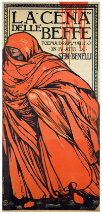 Poster by Galileo Chini for Benelli's 1909 play, La cena delle beffe. The same image was used for the posters advertising Giordano's opera in 1924.[10]