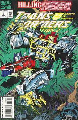 Autobot leader Optimus Prime battles Decepticon Jhiaxus. From issue #3 of the Transformers: Generation 2 comic series published by Marvel Comics.