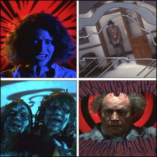 Several screenshots from the film, demonstrating the way comic-book imagery and effects were used extensively by director George A. Romero to recreate the feel of classic 1950s EC horror comics, such as Tales from the Crypt