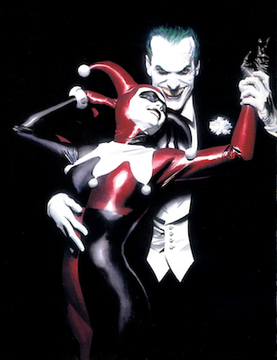 "Tango With Evil" by Alex Ross, from the cover of Harley's canonical debut Batman: Harley Quinn. Widely described as iconic, the artwork depicts Harley dancing with a tuxedo-clad Joker and was later recreated in the 2016 film Suicide Squad.[28][22][29][30][31][32]