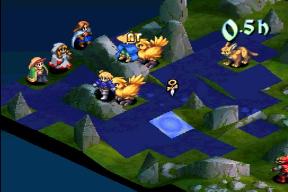 An example of the isometric battlefields found in the game. The blue panels on the ground mark where the Wizard (with straw hat and "AT" icon) can move to. BattleGrid.jpg