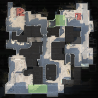 Dust II minimap; red representing bomb points, and green representing team spawn areas (top is Counter-Terrorists, bottom is Terrorists) Dust II radar.png