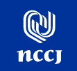 A logo with white lines representing highly stylized hands intertwined above white letters spelling "NCCJ". Logo has a dark blue background.