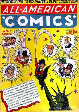 All-American Comics #1 (April 1939), launches  All-American Publications. Skippy is on the Statue of Liberty's torch; Mutt and Jeff are pictured above her crown. Scribbly is at left above the text box, and two of the Toonerville Folks above him to the right. Cover art by Sheldon Mayer.