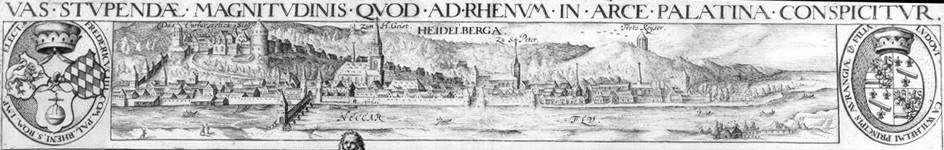 Historic etching from the "Alley of philosophers" (Philosophenweg) towards the Old Town area of Heidelberg. Visible in the background are the Heidelberg Castle, Heiliggeist Church, and the Old Bridge.