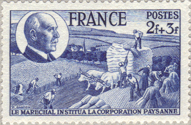 File:French Postage Stamp LE MARECHAL INSTITUA LA CORPORATION PAYSANNE issued 24 April 1944.png