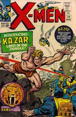 Cover to the X-Men #10 the first appearance of Ka-Zar and his sabretooth tiger, Zabu.Art by Jack Kirby.
