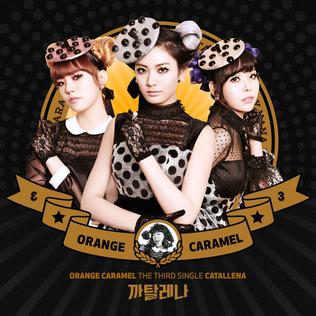 Three women wearing black and white polka-dotted dress, hats and gloves are posing against an orange circle placed over a black background. The words