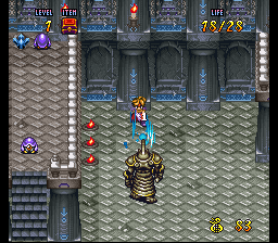 Ark fights enemies in the first dungeon area. SNES Terranigma (Tenchi Sozo).png