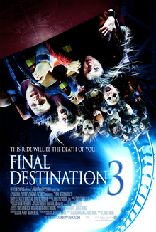 Image showing Wendy and Kevin along with the rest of the survivors on the Devil's Flight roller coaster as it's performing an upside down loop looking at the camera and screaming.