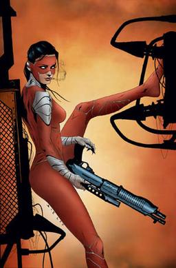 The current Manhunter, Kate Spencer, in the cover art for Manhunter (vol. 3), #4; art by Jae Lee.