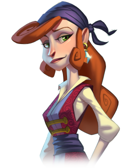 A woman depicted in a stylized art form. Possessing long red hair and green eyes, the woman wears a traditional pirate outfit with a blue headscarf. An earring with a large diamond hangs from her left ear.