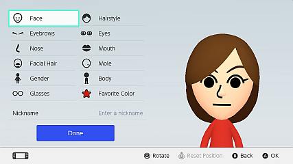 Screenshot of the Mii creation software on Nintendo Switch