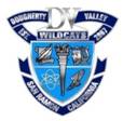 Převážně modré a stříbrné logo ve tvaru štítu. Na banneru nad štítem je napsáno „Dougherty Valley Est. 2007“ a také „DV Wildcats“. Pod štítem je banner s textem „San Ramon, Kalifornie“. Samotný štít obsahuje symboly ve čtyřech kvadrantech; ve směru hodinových ručiček zleva nahoře jsou to svitek a brk, pochodeň uprostřed, maska ​​a harfa, bota s křídly a atom.