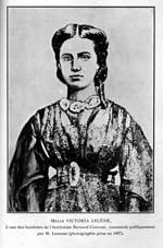 1867 photograph of Mademoiselle Lecene, an excellent student who was honored as a "laureate" of the Institute Catholique in that year Lecene.jpg