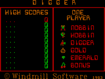 Welcome screen of original 1983 PC booter version of Digger