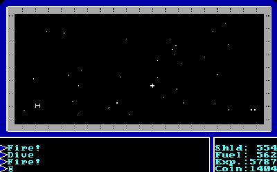 The outer space segment of Ultima I, showing an enemy ship. These ships resemble TIE Fighters from Star Wars.