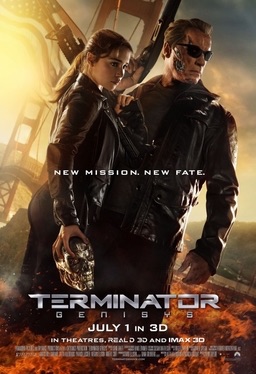 Film poster of Arnold Schwarzenegger and Emilia Clarke, both dressed in black leather as their characters T-800 Terminator and Sarah Connor, respectively. Its background is San Francisco Bay Area.