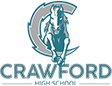 A cyan and gold image of a cartoon horse leaping through a C-shaped lightning bolt with the words "CRAWFORD HIGH SCHOOL" below