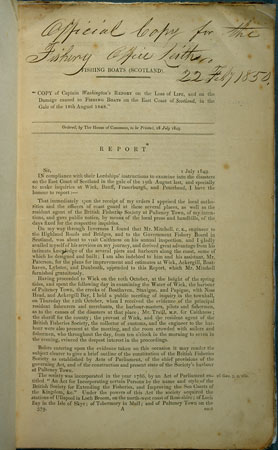 The cover of Captain Washington's 1849 Report into the causes of the disaster.