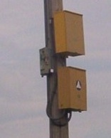 Civil defense logo on an Air raid siren control box in Kansas, US T38.jpg