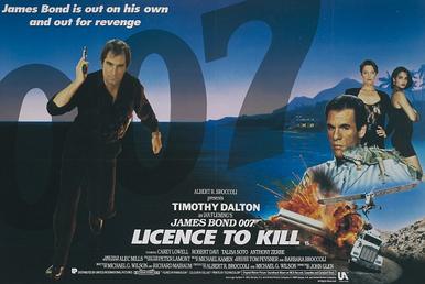 In the left of the picture stands a man dressed in black pointing a pistol towards the viewer. An inset picture shows two women looking out of the poster above another man and a few images depicting vehicles and explosions. The name '007' appears in the top right whilst in the centre at the bottom are the words "LICENCE TO KILL"