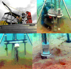 Kedua SPI-Scan prototipe dalam uji coba lapangan. Terlihat di sini menyebarkan dari 6 m R/V Nauplius (kiri atas), di dasar laut meskipun terkunci di posisi atas (kanan atas dan kiri bawah – laser tidak terlihat di sini), dan mulai menggali pasir (kanan bawah).