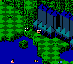 Snake Rattle 'n' Roll features a 3D isometric playing field in which the snakes must avoid obstacles, collect items, and eat Nibbley Pibbleys.