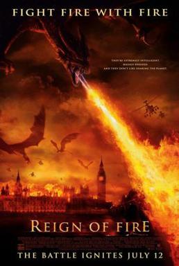 A dragon flying over the British Houses of Parliament breathing fire on the city below.