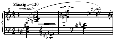 Mixed-interval chords from the opening to Arnold Schoenberg's Klavierstück Op. 33a[1] (Play (help·info)).