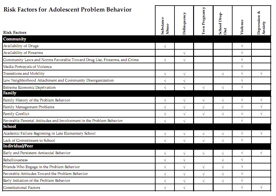 Risk Factors for Adolescent Problem Behavior Chart