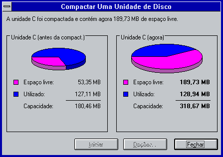DriveSpace running on Windows 3.1, Portuguese version. Left and right charts show disk usage before and after compacting, respectively..mw-parser-output .legend{page-break-inside:avoid;break-inside:avoid-column}.mw-parser-output .legend-color{display:inline-block;min-width:1.25em;height:1.25em;line-height:1.25;margin:1px 0;text-align:center;border:1px solid black;background-color:transparent;color:black}.mw-parser-output .legend-text{}  Free space  Used space