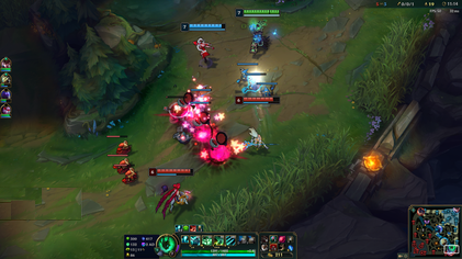 Four champions in the bottom lane of Summoner's Rift, surrounded by minions. The red health bars indicate that they are opposing players.