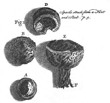 The cold remnants of steel sparks struck by Robert Hooke using a flint. These were collected on paper, studied using his early microscope and drawn by hand.