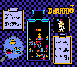 Dr. Mario focuses on eliminating the viruses in the playing field by aligning them with capsules of matching color. Dr mario screenshot.gif