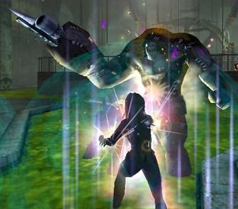 A tanker (foreground) confronts one of the game's arch villains, the mad scientist Dr. Vahzilok, in City of Heroes.