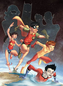 The founding members of the Teen Titans: Wonder Girl, Robin, Kid Flash, and Garth as Aqualad. Cover art for Teen Titans: Year One #1, by Karl Kerschl.