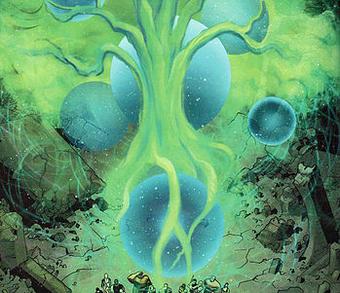 Characters standing before Yggdrasil at the end of Fear Itself #1 (July 2011), one of the images for which the creative team of Stuart Immonen, Wade Von Grawbadger and Laura Martin were universally praised. By contrast, the core miniseries' writing drew more varied reactions, with multiple reviewers citing a high standard set by the early issues that was not met by the latter ones.