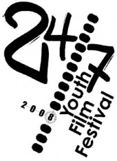 The logo for the 24/7 Youth Film Festival. The image background is white. Along the top run "24" and "7" with a dotted line between them. Running up the right side of the image is the phrase "Youth film festival"