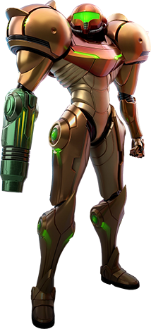 A person in a big, futuristic-looking powered suit with a helmet. The right arm is a large firearm. The shoulders are particularly large, bulky, and rounded.
