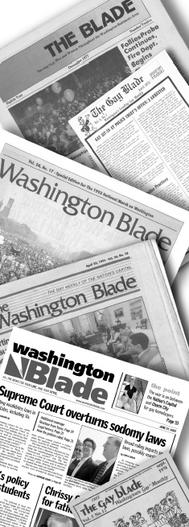 Collage of historical covers of the Washington Blade showing the evolution of the size, format, and publication name from its early years to the present. (From bottom to top: the December 1977 cover of 'The Blade,' the April 1973 cover of 'The Gay Blade,' the cover of the 1993 March on Washington Special Edition of the 'Washington Blade,' the April 23, 1993 cover of the 'Washington Blade,' the June 27, 2003 cover of the 'Washington Blade,' and the September 1974 cover of 'The Gay Blade.') Washblade collage.jpg