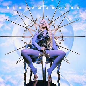 Max is sitting on a throne in front of a cloudy background while holding a metallic sword pointed on the ground. The song's title is positioned above her.