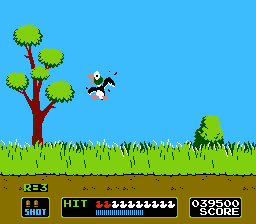 Duck Hunt. The game is viewed through the eyes of the protagonist; the player is using a light gun controller to target an on-screen duck.