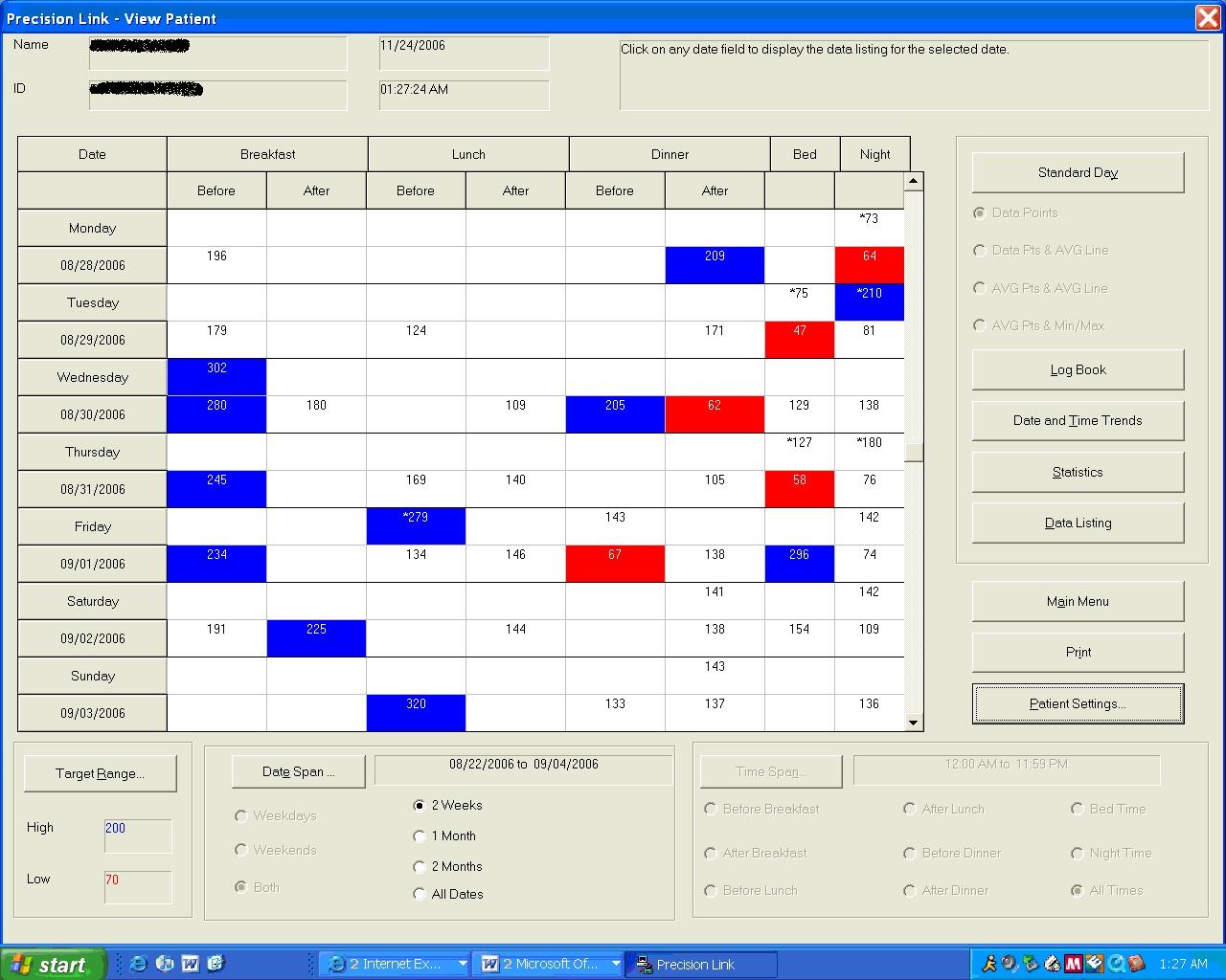 An example of a logbook used by diabetics to record blood sugar