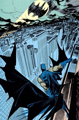 Bat-Signal's projection displaying onto the skies above Gotham City from its police department headquarters, summons Batman, provides hope to its people, and intimidates criminal elements. From Batman: Legends of the Dark Knight #6 (April 1990). Art by Klaus Janson.