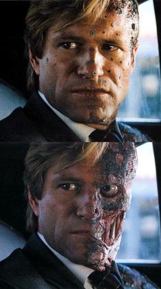 Aaron Eckhart with make-up and motion capture markers on set. Below is the finished effect.