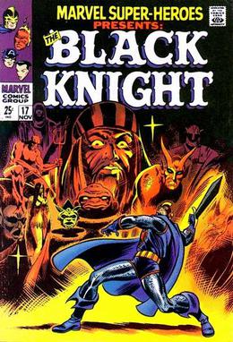 Marvel Super-Heroes #17 (Nov. 1968). Black Knight figure by John Romita Sr.; background art by Howard Purcell (penciller) and Dan Adkins (inker), from page 14 of story.[15]