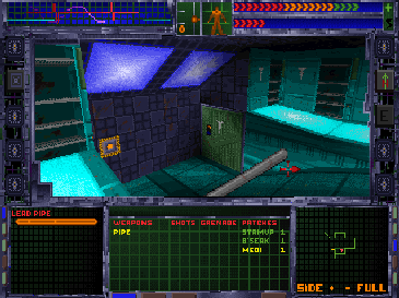 The player character looks at the door below while wielding a lead pipe. The character's health and energy are displayed at the top right; manipulable readouts to the left of them determine the character's posture and view angle. The three "multi-function display" windows at the bottom depict weapon information, the inventory and an automap, respectively